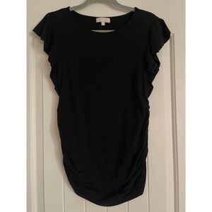 Bhome Black Ruffle Sleeve Round Neck Top With Ruching on Sides, Size S